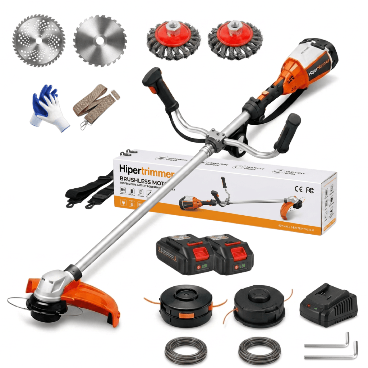 Kompletní obsah balení HyperTrimmer 3000: tělo stroje, 2 baterie 60 V lithium-iontové, rychlá nabíječka, 3 řezné hlavy (struna, nůž, kotouč), ergonomický popruh, rukavice, brýle a manuál